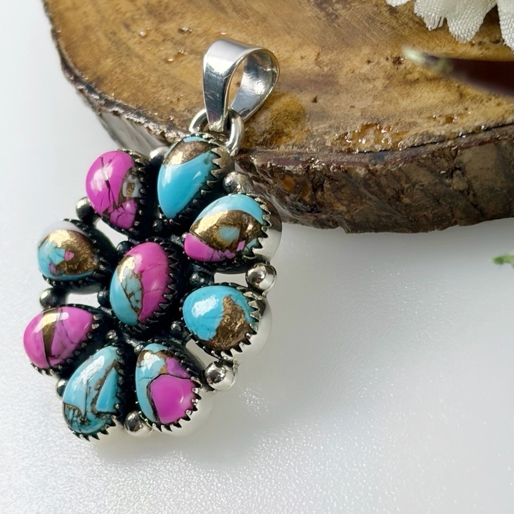 Pure Sterling Silver 925 Cotton Candy Turquoise Pendant Boho Southwest New - Picture 6 of 12